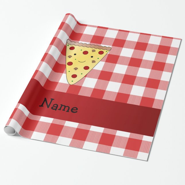 Personalized name cute pizza red checkered wrapping paper (Unrolled)