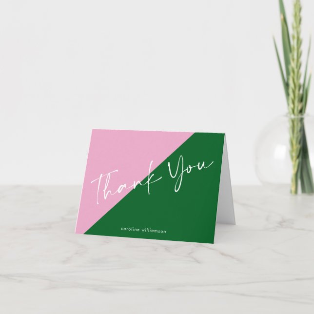Personalized Name Cute Preppy Pink and Green  Thank You Card (Front)