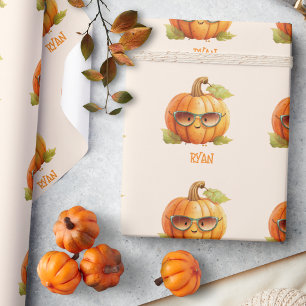 Personalized Name Cute Pumpkin Fall Halloween Wrapping Paper