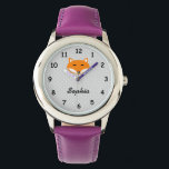 Personalized name cute red fox purple girls watch<br><div class="desc">Personalized purple girls watch with cute red fox. Personalizable wrist watches for children. Girly Birthday or Christmas gift idea for girls. Forest animal vector design. Make your own for daughter, granddaughter, grandchild etc. Add your own custom name or monogram letters of child. Grey Polka dots background pattern. Script typography template....</div>