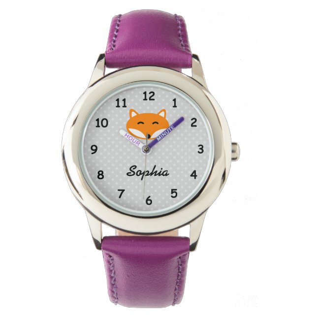 Personalized name cute red fox purple girls watch (Front)