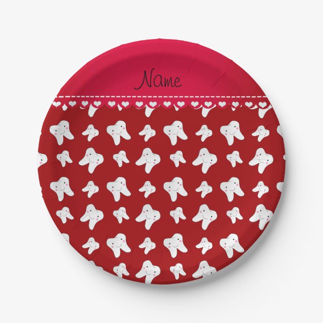 Personalized name cute red tooth pattern paper plates (Front)