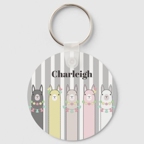 Personalized Name Cute Retro Colorful Llamas Keychain