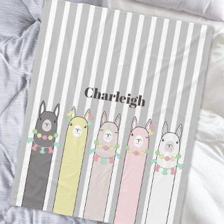 Personalized Name Cute Retro Colorful Llamas Kids Fleece Blanket