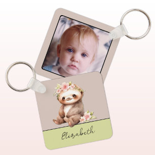 Personalized name cute sloth 1 photo green keychain