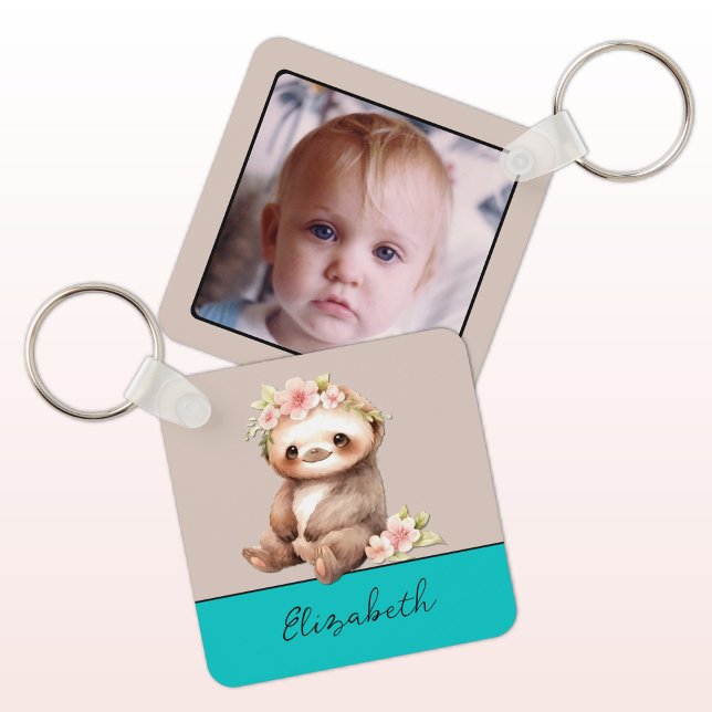 Personalized name cute sloth 1 photo turquoise keychain (Creator Uploaded)
