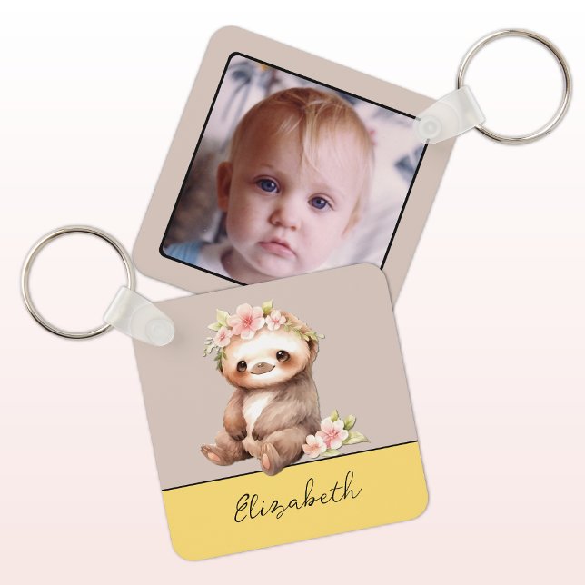 Personalized name cute sloth 1 photo yellow keychain (Creator Uploaded)