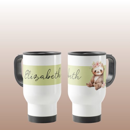 Personalized name cute sloth black green travel mug