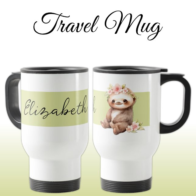 Personalized name cute sloth black green travel mug (Creator Uploaded)