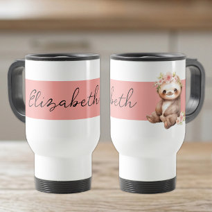 Personalized name cute sloth black pink travel mug