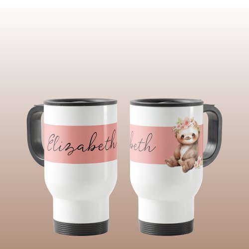 Personalized name cute sloth black pink travel mug