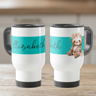Personalized name cute sloth black turquoise travel mug