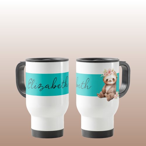 Personalized name cute sloth black turquoise travel mug