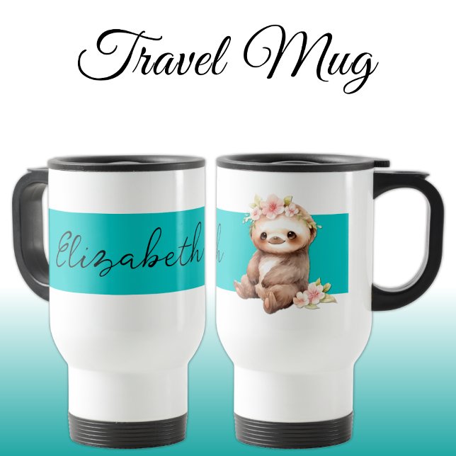 Personalized name cute sloth black turquoise travel mug (Creator Uploaded)
