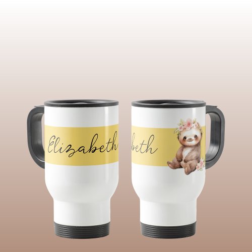 Personalized name cute sloth black yellow travel mug