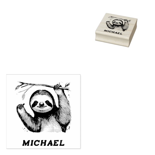 Personalized Name Cute Sloth on a Branch           Rubber Stamp (Stamped)