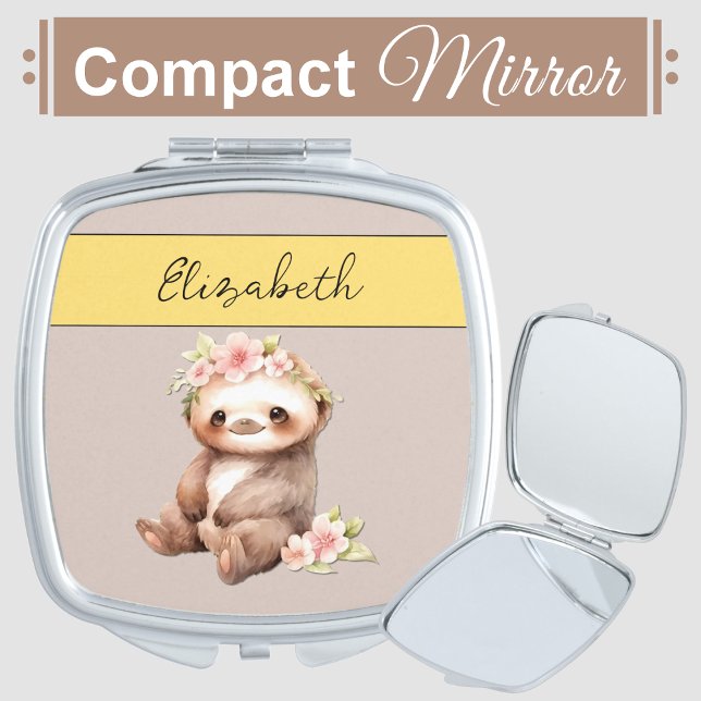 Personalized name cute sloth yellow compact mirror (Creator Uploaded)