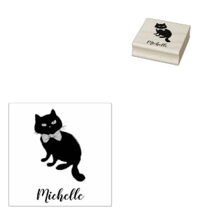 Personalized Name Cute Spooky Black Cat Halloween Rubber Stamp