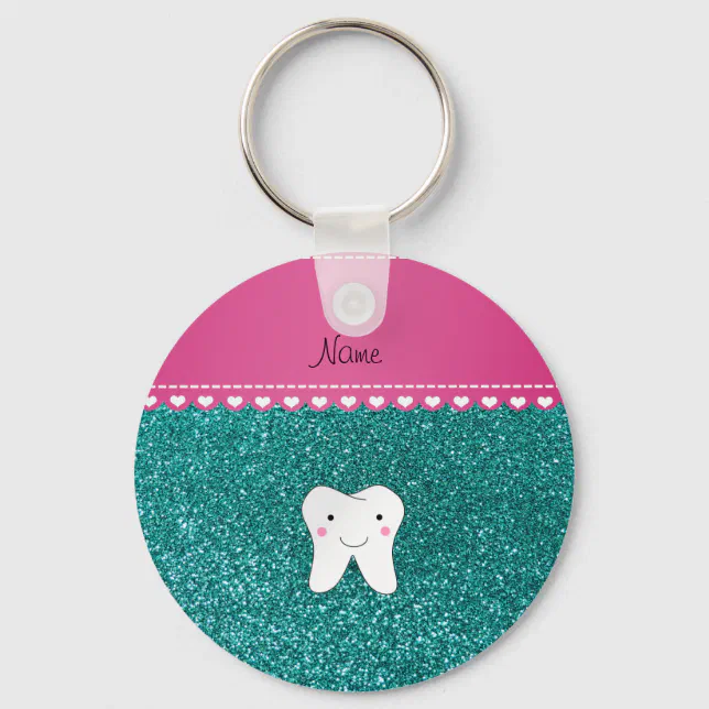 Personalized name cute tooth aqua glitter keychain Zazzle