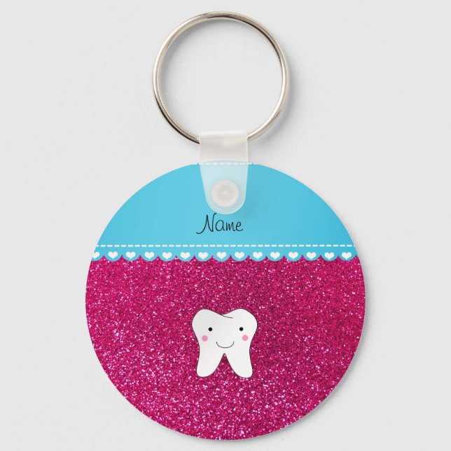 Personalized name cute tooth pink glitter keychain (Front)