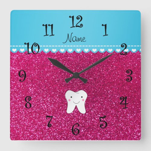 Personalized name cute tooth pink glitter square wall clock