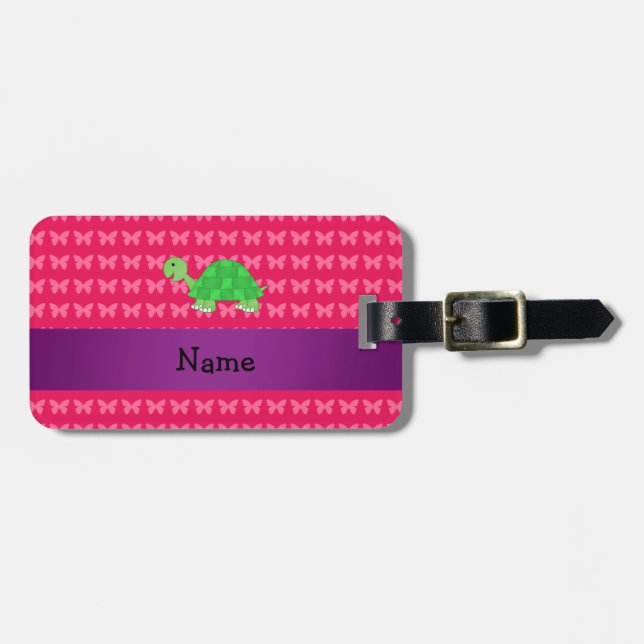 Personalized name cute turtle pink butterflies luggage tag (Front Horizontal)