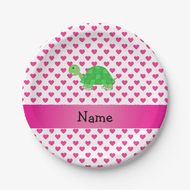 Personalized name cute turtle pink hearts paper plates (Front)