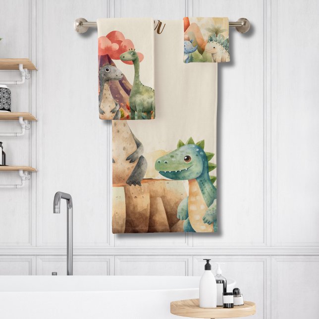 Personalized Name Cute Watercolor Dinosaur  Bath Towel Set (Creator Uploaded)