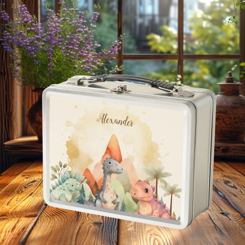 Personalized Name Cute Watercolor Dinosaur  Metal Lunch Box