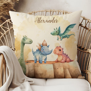 Personalized Name Cute Watercolor Dinosaur Throw Pillow