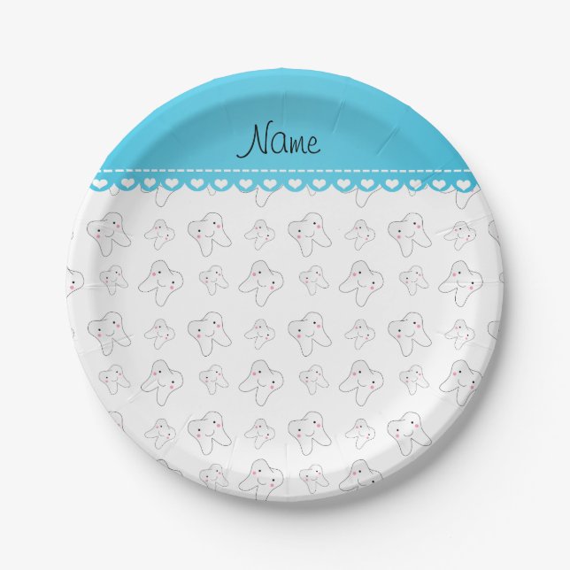 Personalized name cute white tooth pattern paper plates (Front)