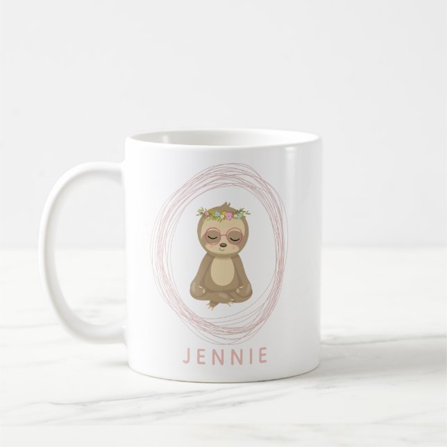 Personalized Name Cute Yoga Sloth Meditation Coffee Mug (Left)