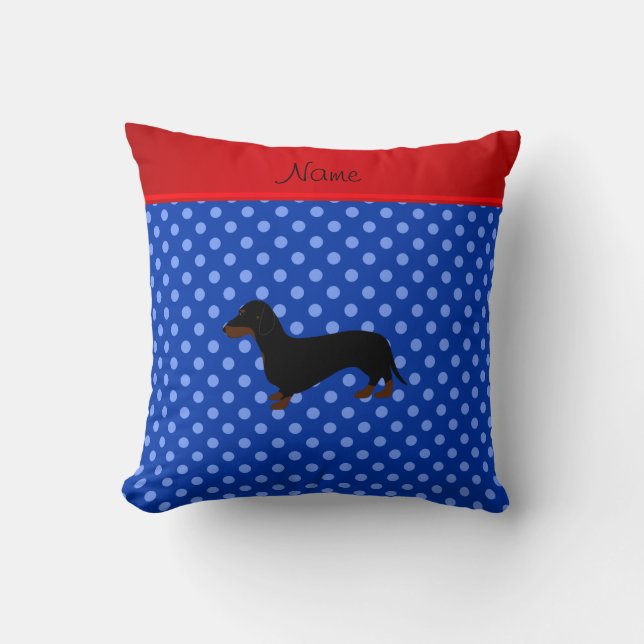Personalized name dachshund blue polka dots throw pillow (Front)