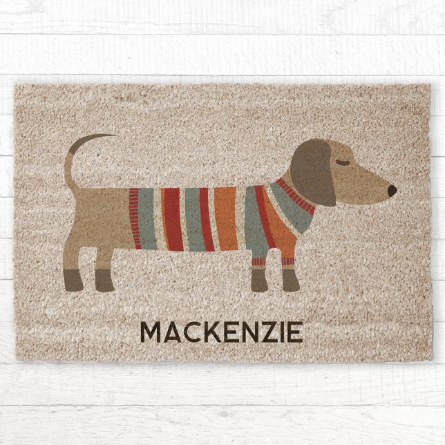 Personalized Name Dachshund Dog Fiber Doormat (Fun personalized custom name Dachshund dog coir doormat)