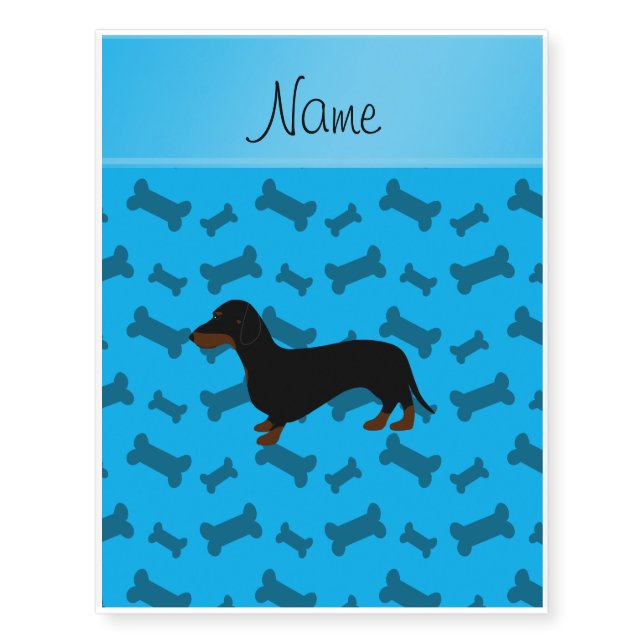 Personalized name dachshund sky blue bones temporary tattoos (Front)