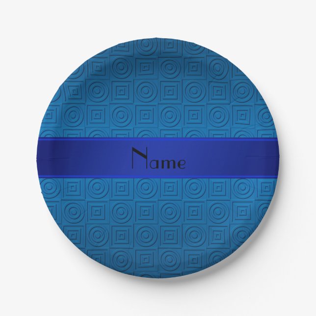 Personalized name dark blue square circles paper plates (Front)