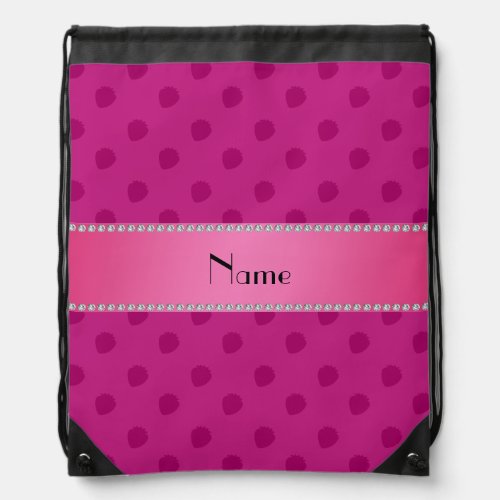 Personalized name dark pink strawberries drawstring bag