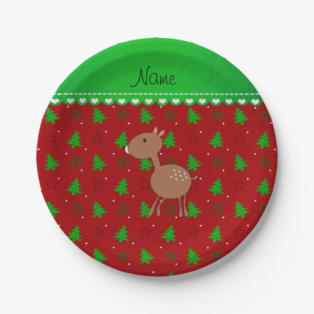 Personalized name deer red trees stars paper plates (Front)