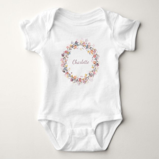 Personalized Name Delicate Pastel Floral Wreath  Baby Bodysuit (Front)