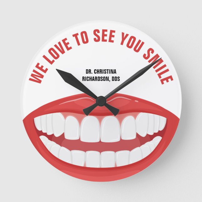 Personalized Name Dental Office Big Smile Teeth  Round Clock (Front)