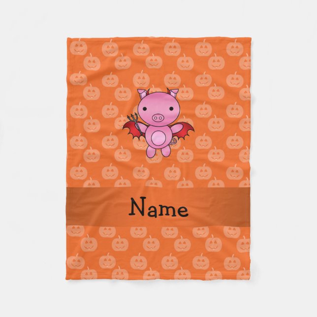 Personalized name devil pig orange pumpkins fleece blanket (Front)