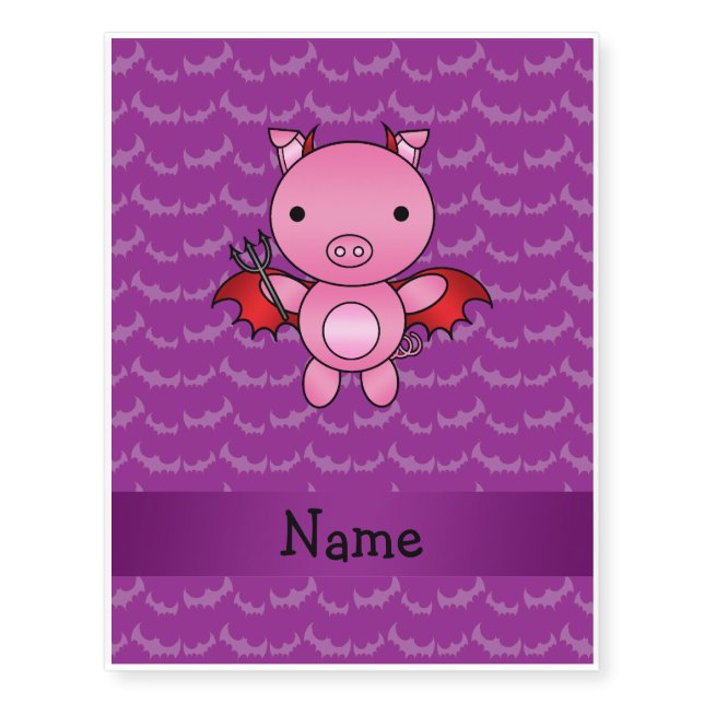 Personalized name devil pig purple bats temporary tattoos (Front)