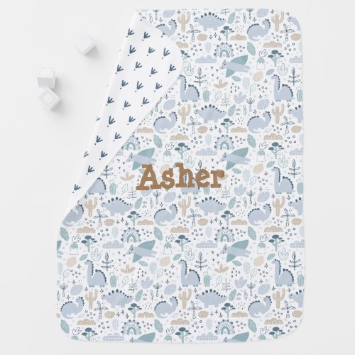 Personalized name dino themed pattern boy baby blanket