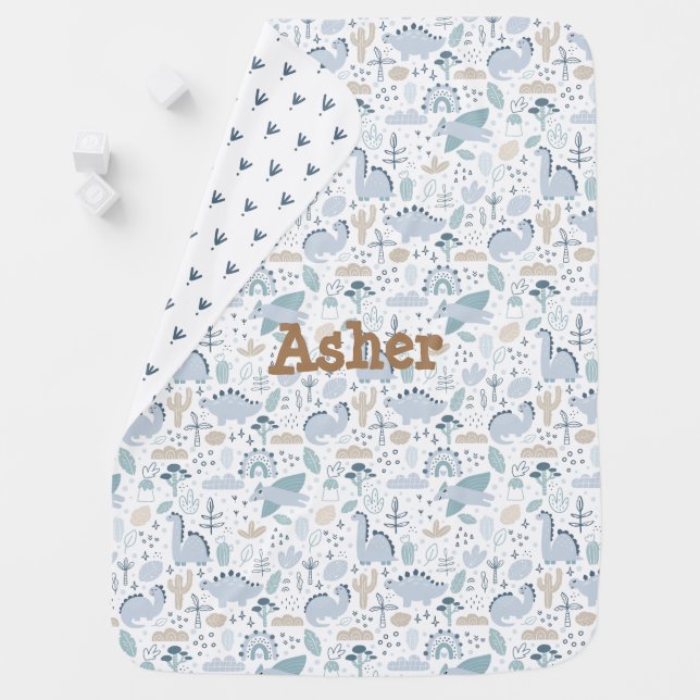 Personalized name dino themed pattern boy baby blanket (In Situ)