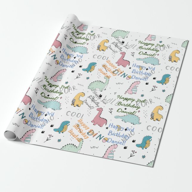 Personalized name dinosaur birthday  wrapping paper (Unrolled)