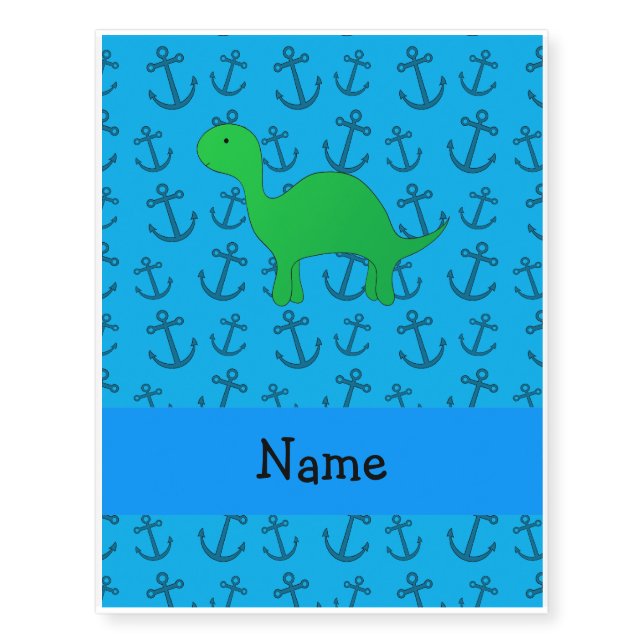 Personalized name dinosaur blue anchors pattern temporary tattoos (Front)