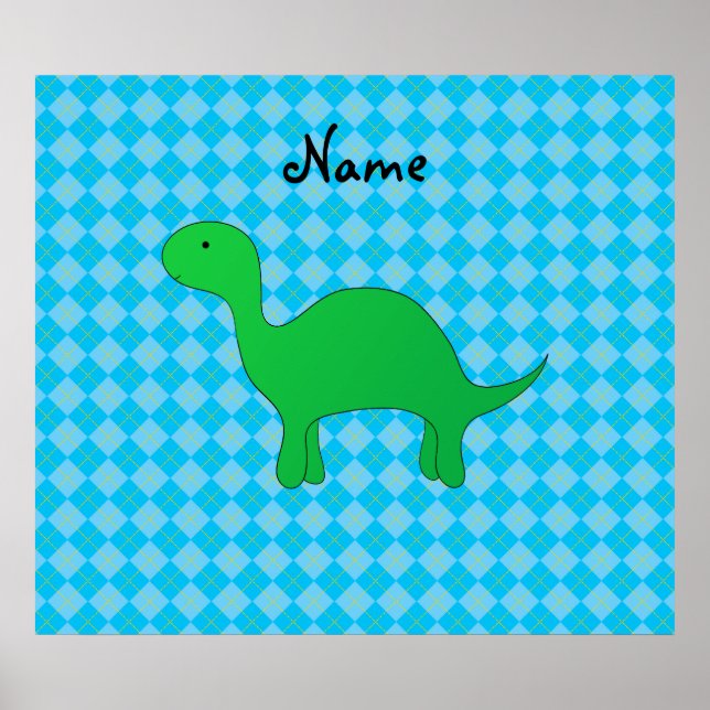 Personalized name dinosaur blue argyle poster (Front)