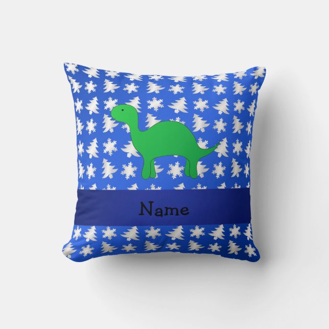 Personalized name dinosaur blue snowflakes trees throw pillow (Front)