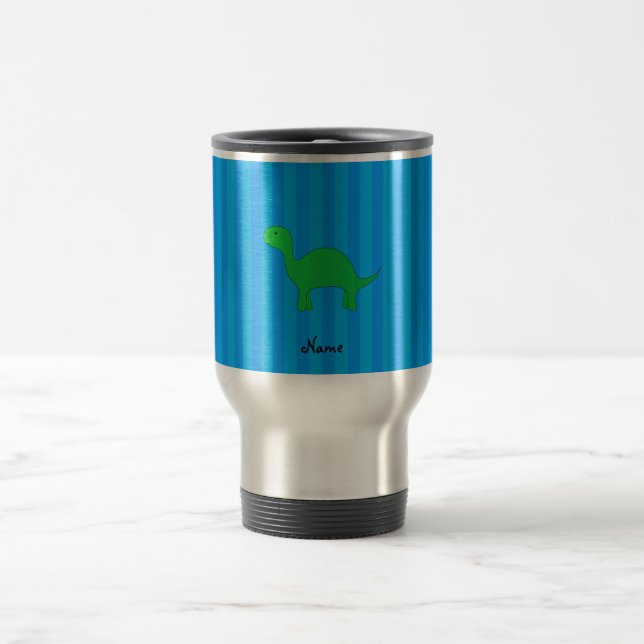 Personalized name dinosaur blue stripes travel mug (Center)