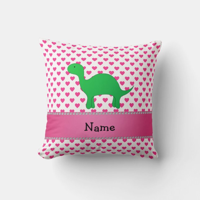 Personalized name dinosaur pink hearts polka dots throw pillow (Front)